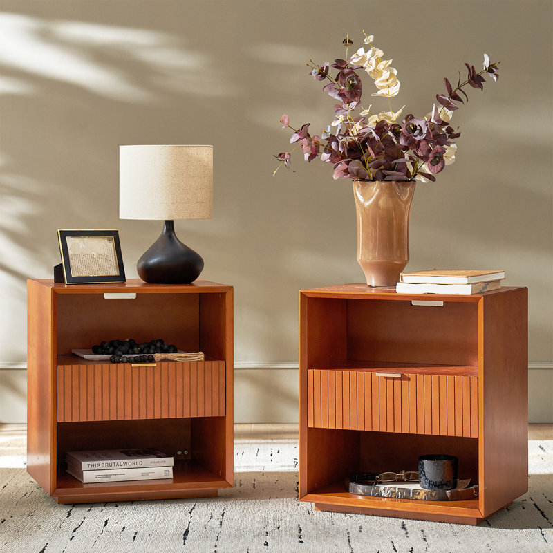 Guille Mid-century Modern 1-Drawer Fluted  End Tables with Built-in Power Outlet & USB Ports and Solid Wood Legs Set of 2