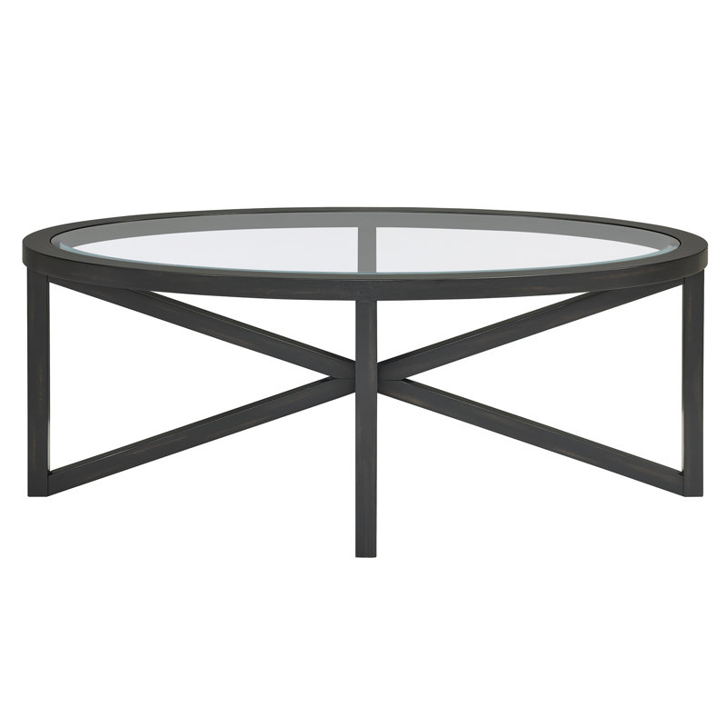 Wood 28.34"oval coffee table with glass top, Black, Cherry