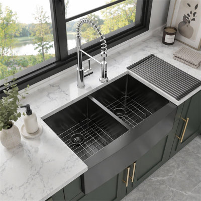 Évier de cuisine à double cuve en acier inoxydable à double cuve (50/50) - 36 po x 21 po x 10 po à tablier frontal en acier inoxydable de calibre 16 avec deux cuves profondes de 10 po