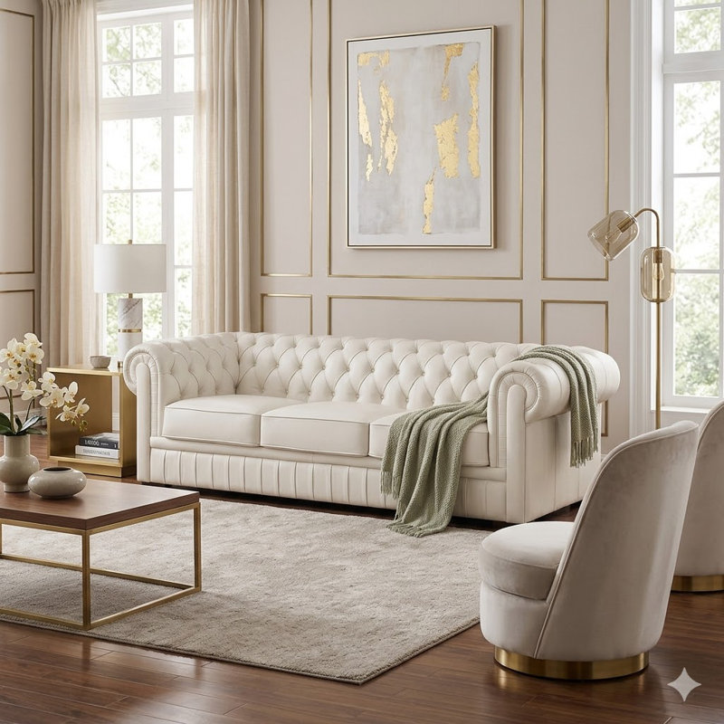 Audiel 94.5"Handcrafted Top Grain Cow Genuine Leather Chesterfield Sofa, Beige Genuine Leather