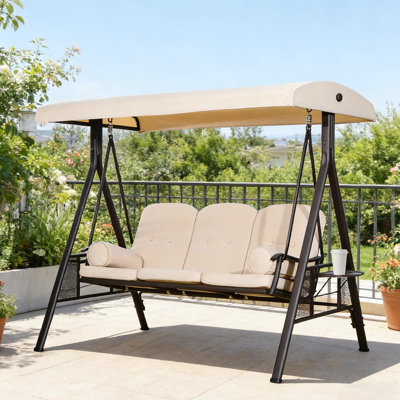 3 balançoires d'extérieur, chaise de patio pour la véranda et le bord de la piscine, parasol inclinable, sièges confortables, articles de plateaux latéraux, structure en acier robuste avec auvent à 3 sièges, conception à boutons, coussins, boissons