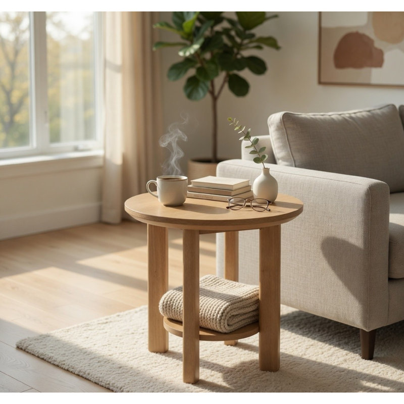 Table de bout ronde Clera avec tablette ouverte, bois de chêne clair, 22 po