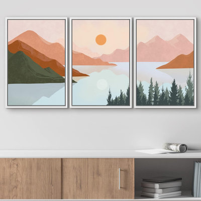 «Pastel Mountain Range Lake Forest», reproduction sur toile 3 pièces