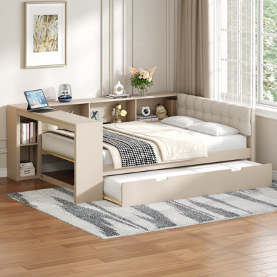  Lit plateforme double en bois avec lit gigogne, station de charge et tête de lit tapissier, crème