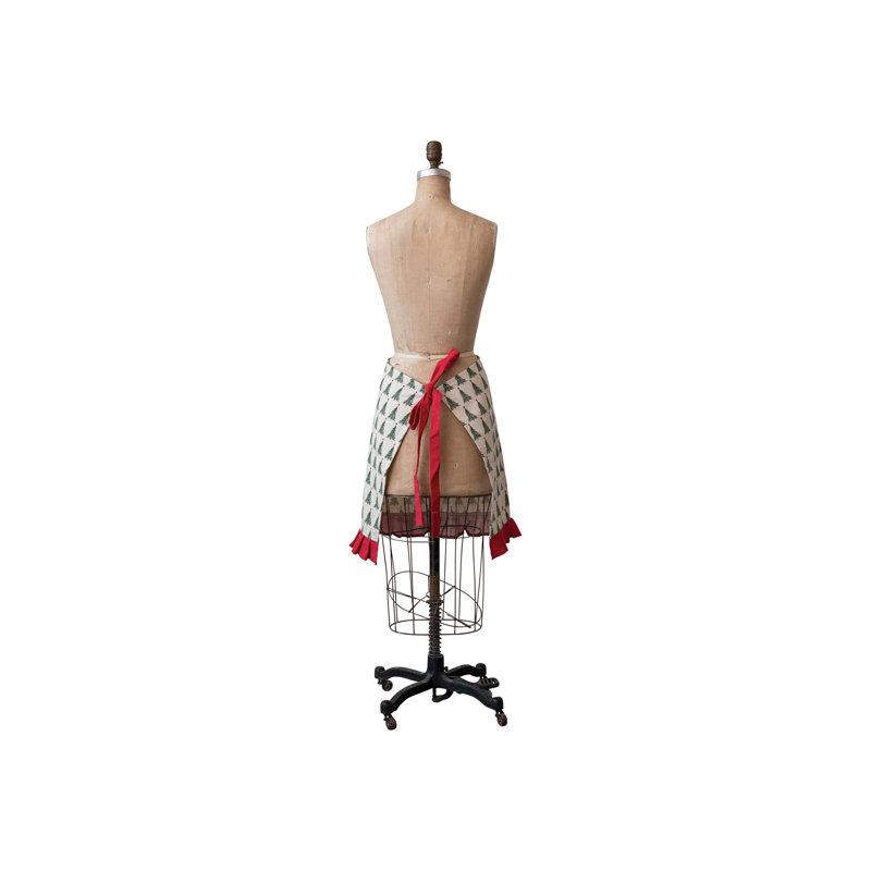 Cotton Printed Half Apron With Christmas Tree Pattern, Pocket And Ruffle