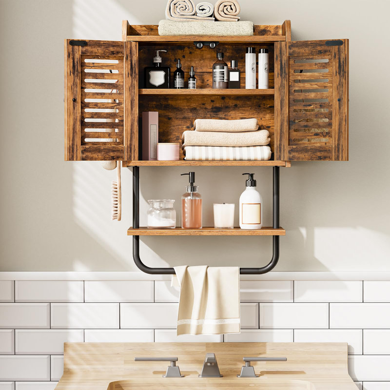 Pharmacie, armoire murale de salle de bain double avec barre à serviettes, tablette réglable, 2 crochets, armoire de rangement au-dessus de la toilette, pour chambre à coucher, cuisine, brun rustique
