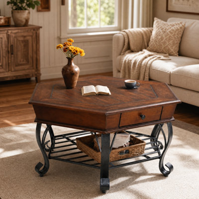 40.16" Hexagonal Wood Coffee Table with Storage Drawer and Lower Shelf