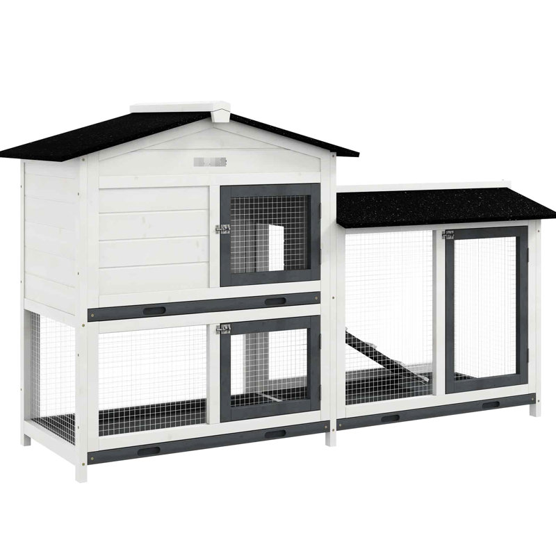 Cage à lapin en bois blanc, 62 po avec aire de jeu, construction, plateau amovible, portes verrouillables, toiture en asphalte, cage à cobaye facile à nettoyer, construction, toit