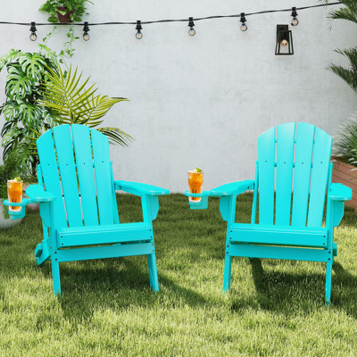 HDPE Folding Outdoor Adirondack Chair With Cup Holder (Set Of 2)