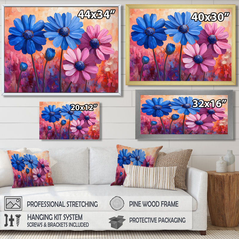 Pop Cornflower In Neon Contrasts Pop Art III - Cornflowers Wall Art for Living Room, Brown, 28" H x 60" W, Floater Framed