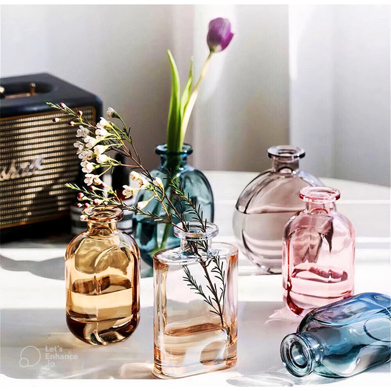 Ensemble de 3 vases de table en verre bleu / vert / rose