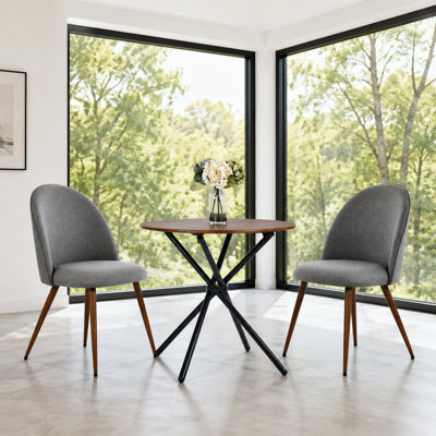 Ensemble de salle à manger 3 pièces rond en noyer avec 2 chaises rembourrées grises, table de cuisine compacte