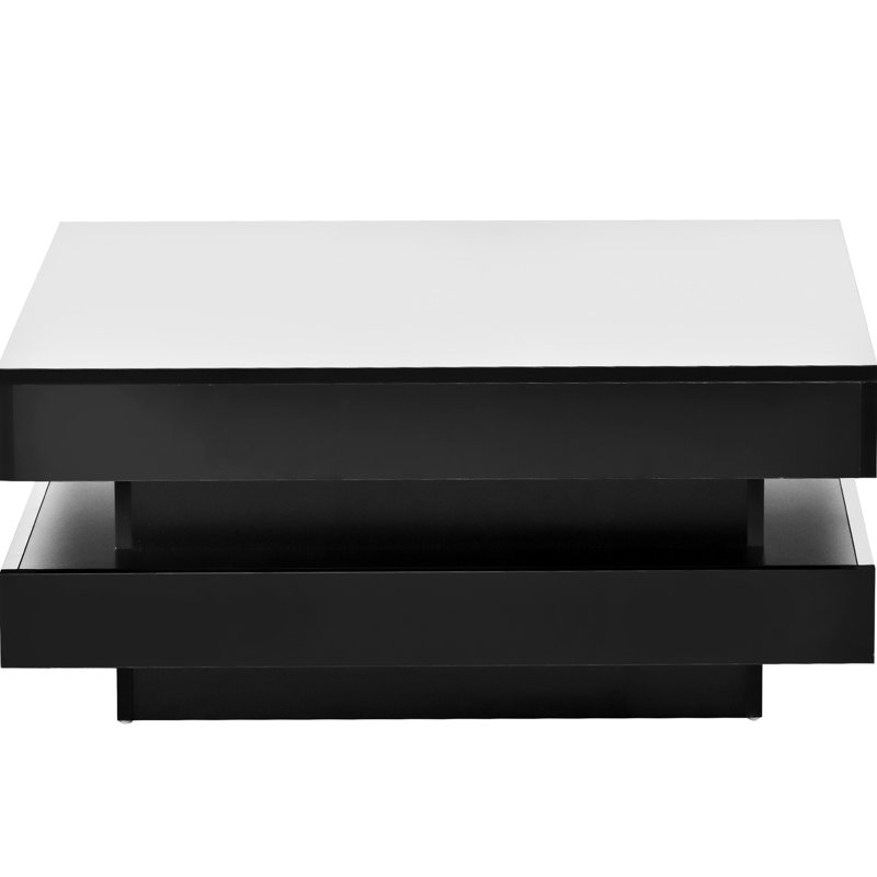 Table basse carrée ultra brillante à 2 niveaux avec lumières DEL pour le salon, 31,5 po x 31,5 po x 14,2 po, noir | Idée de cadeau