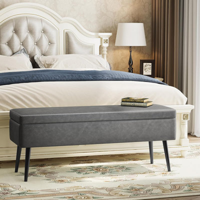 Banc de rangement avec repose-pieds, banc de chambre d'entrée de style Mid-Century moderne, cuir synthétique avec coutures, charnières de sécurité, capacité de charge de 680 lb