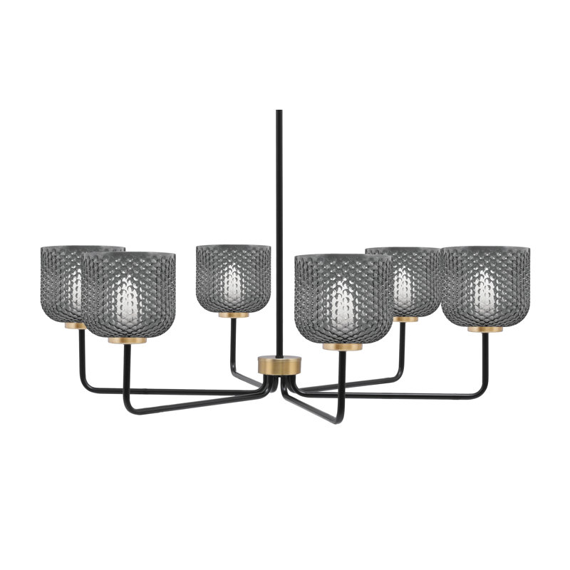 Lustre 6 lumières Amarmula, noir mat et laiton vieilli, verre texturé fumé 6 po, Transparent/noir, Noir/laiton