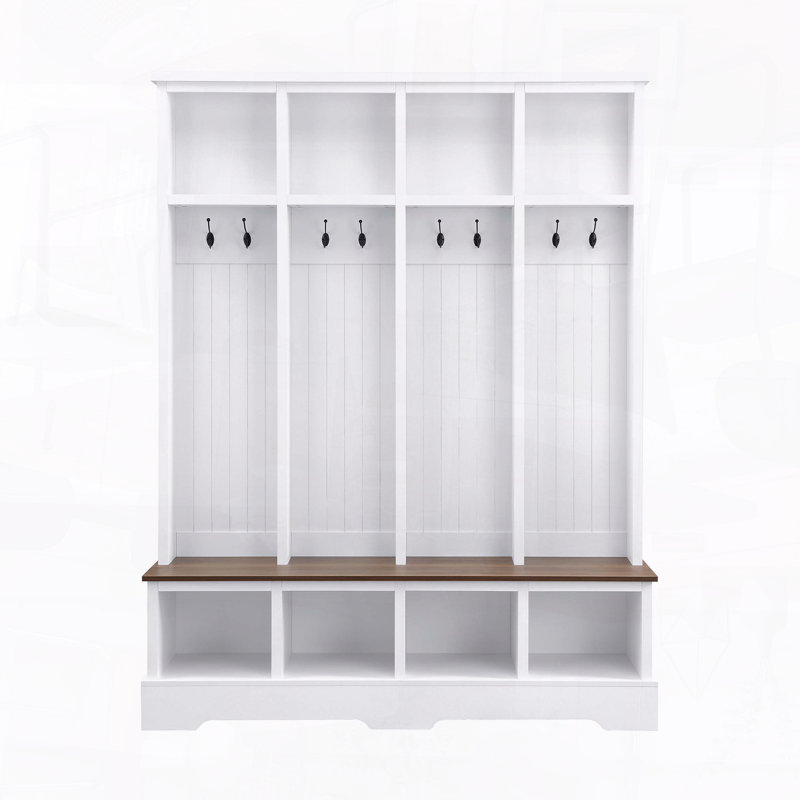 Farmhouse Hall Tree with Hooks Bench and Shoe Rack, White