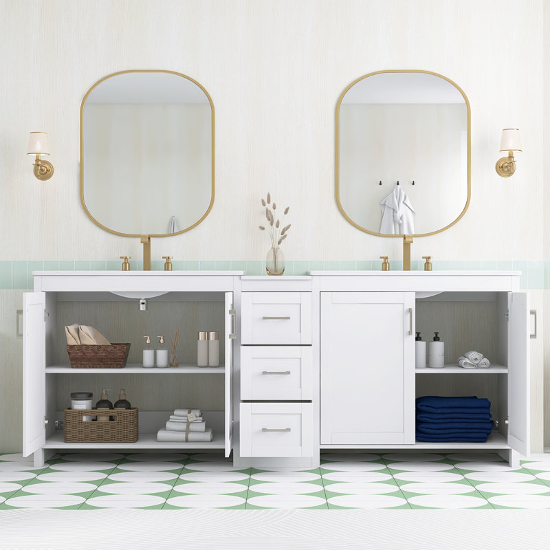 Meuble-lavabo double sur pied de 84 pouces avec dessus en céramique, Blanc