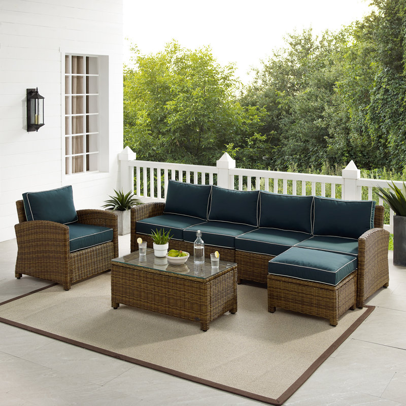Ensemble de conversation modulaire en rotin 5 pièces avec coussins Regina, Brun patiné, Velours bleu marine