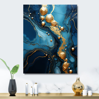 Or et saphir bleu marbré mosaïque III - impression abstraite d'art mural en métal