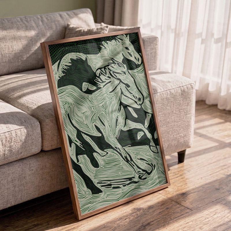 Flowing Green Horses Print, 24 × 36, Matted Framed Print, Brown