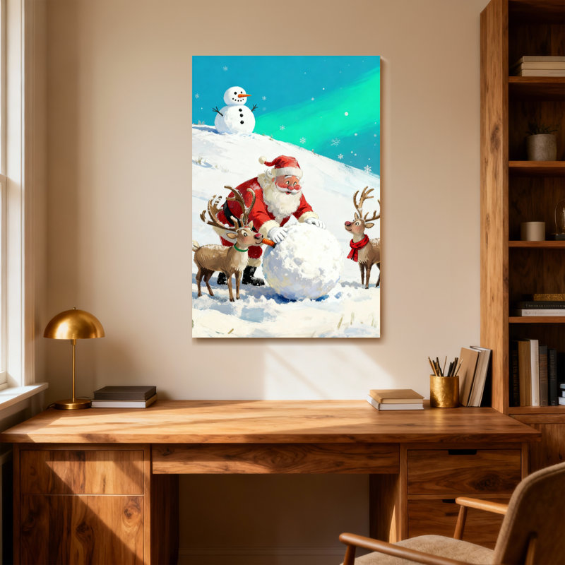 Christmas Santa Claus Rolling Snowball With Reindeer, 18" H x 12" W