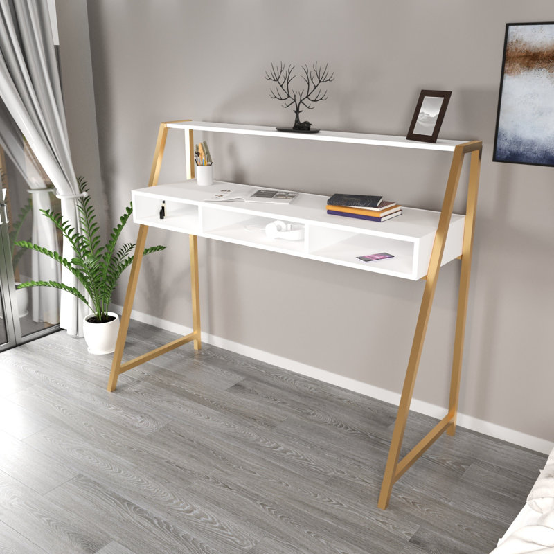 Aliona Metal Base Writing Desk, White/Gold
