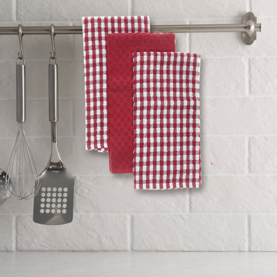 Paquet de 3 serviettes de cuisine en ratine à carreaux rouges