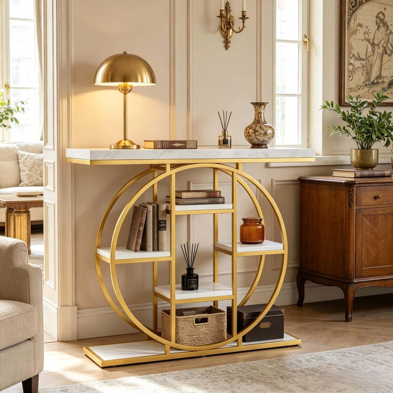Console moderne avec rangement à plusieurs niveaux et design industriel, Or et blanc