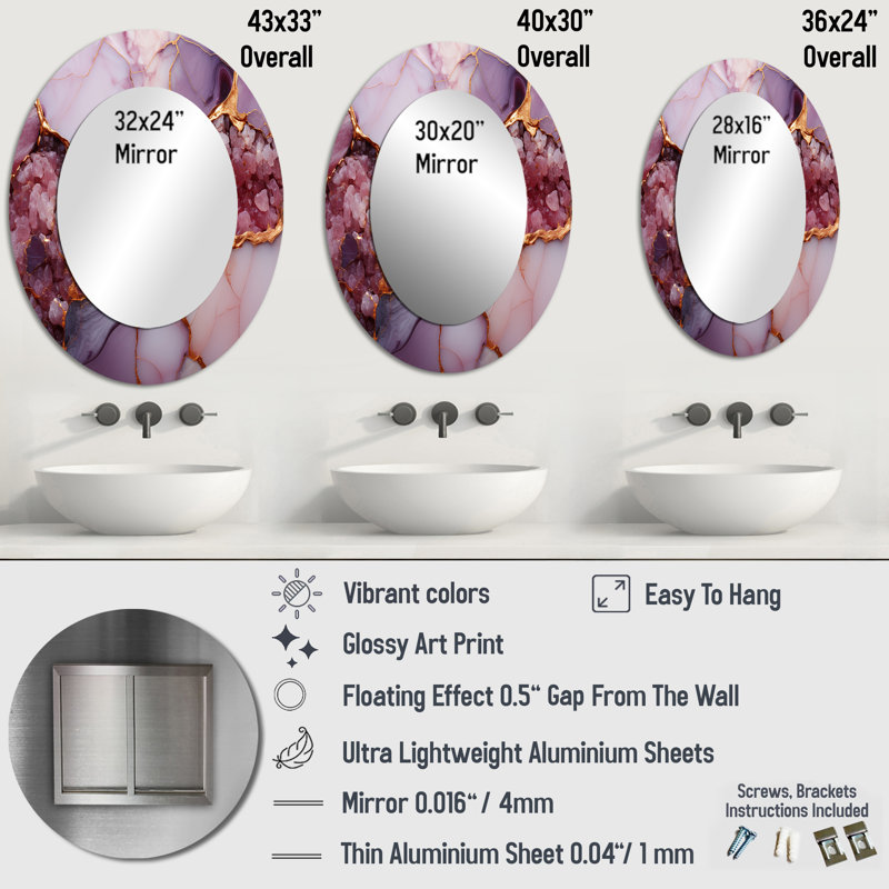 Agate de rivière rose et or rose IV - Grand miroir mural ovale sur métal, H 36 po x l 24 po