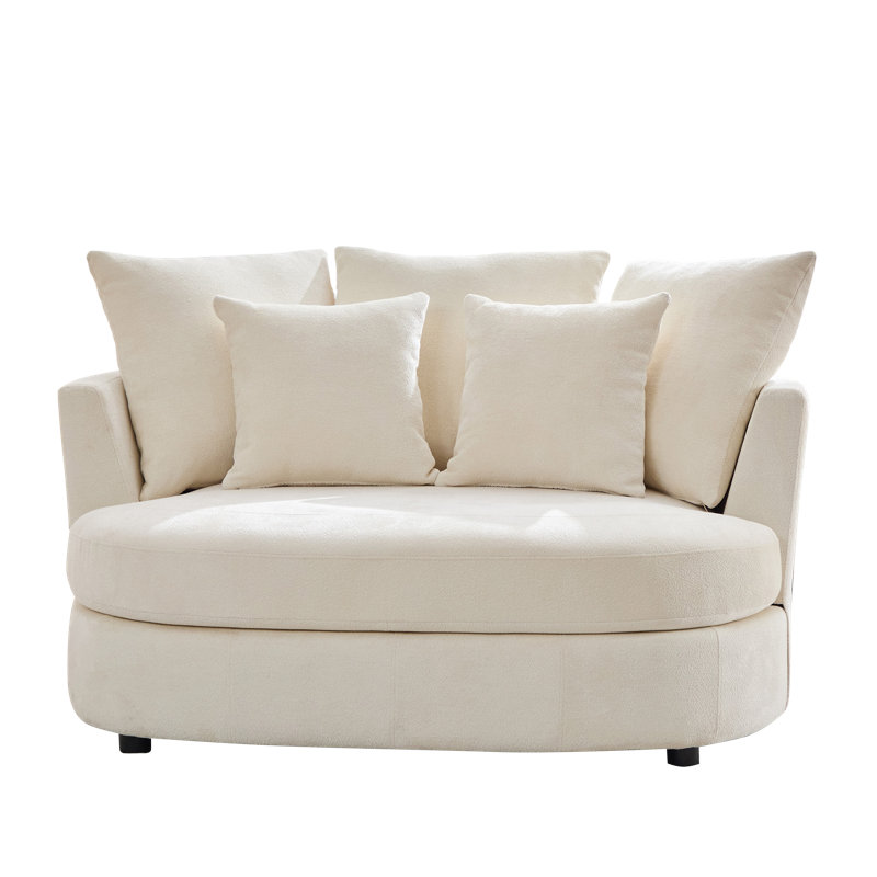 55.12" W Upholstered Slipcovered Barrel Accent Chair With 5 Side Pillows Chenille, Beige