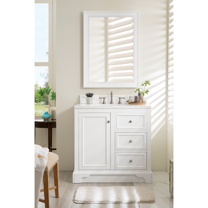 De Soto 36'' W Single Vanity, Bright White, Carrara White Marble, 8" Widespread