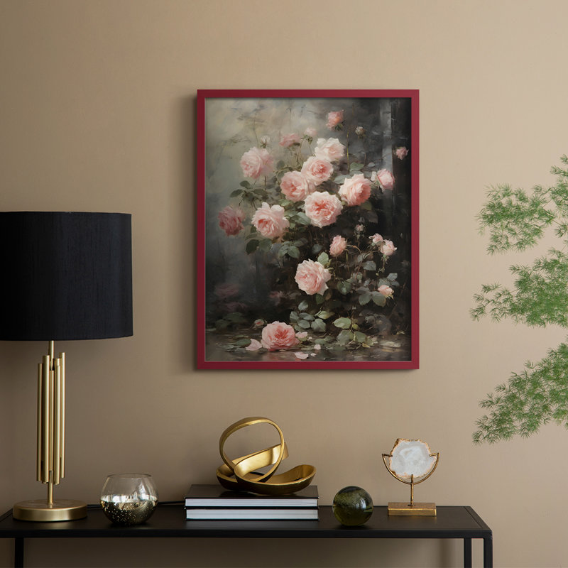 Reproduction florale rétro encadrée Ccii - bois massif, H 11 po x l 9 po, Rouge