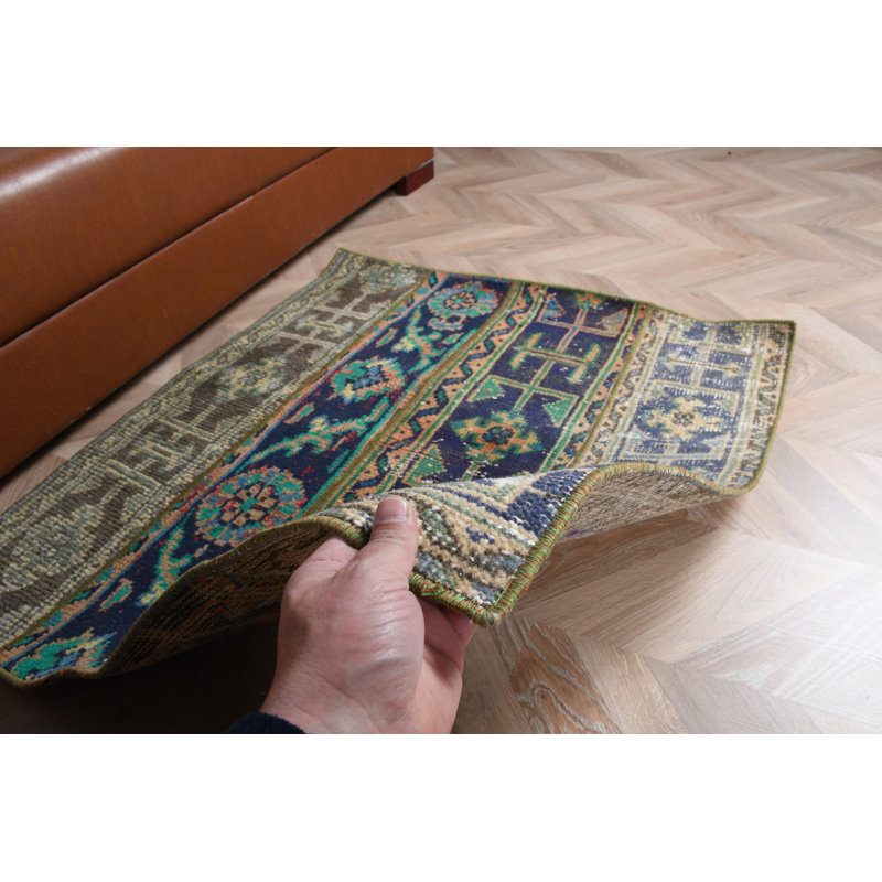 Blue Vintage Turkish Rug - Antique Small Wool Carpet With Nomadic Style Making An Ideal Retro Anatolian Door Mat For Aesthetic Appeal