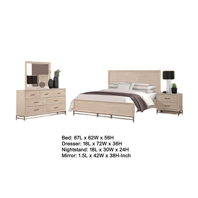 Ensemble de chambre avec grand lit 5 pièces Rozie, commode, miroir, 2 tables de chevet, chêne clair