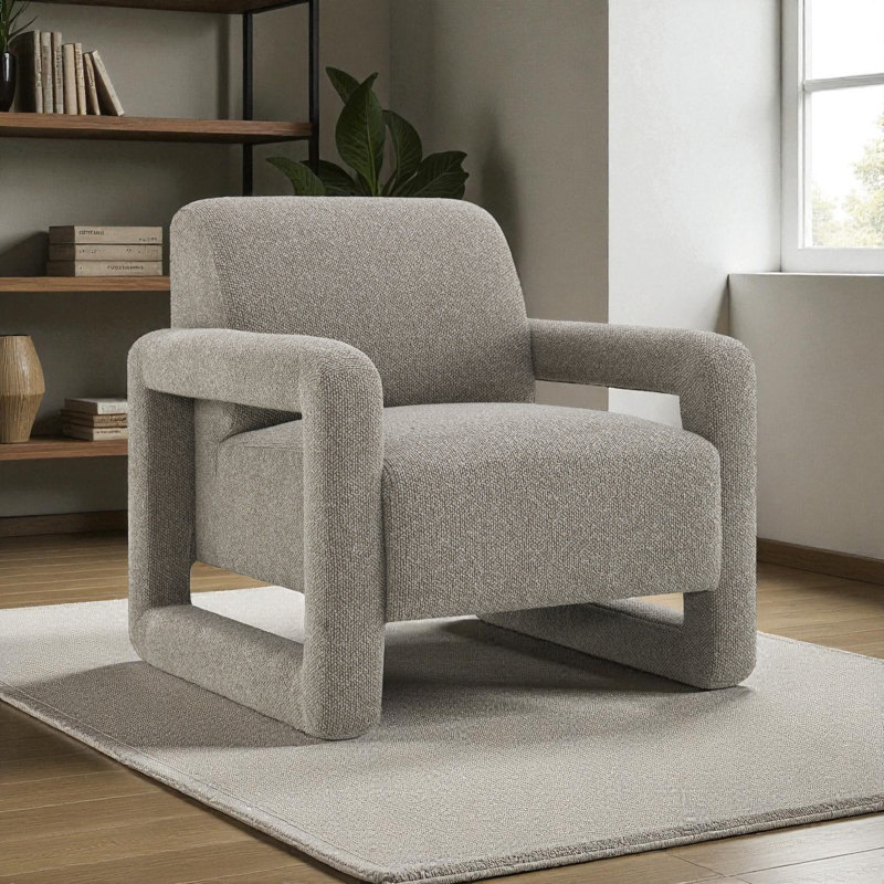 Chaise d'appoint géométrique moderne avec accoudoirs arrondis, chenille grise