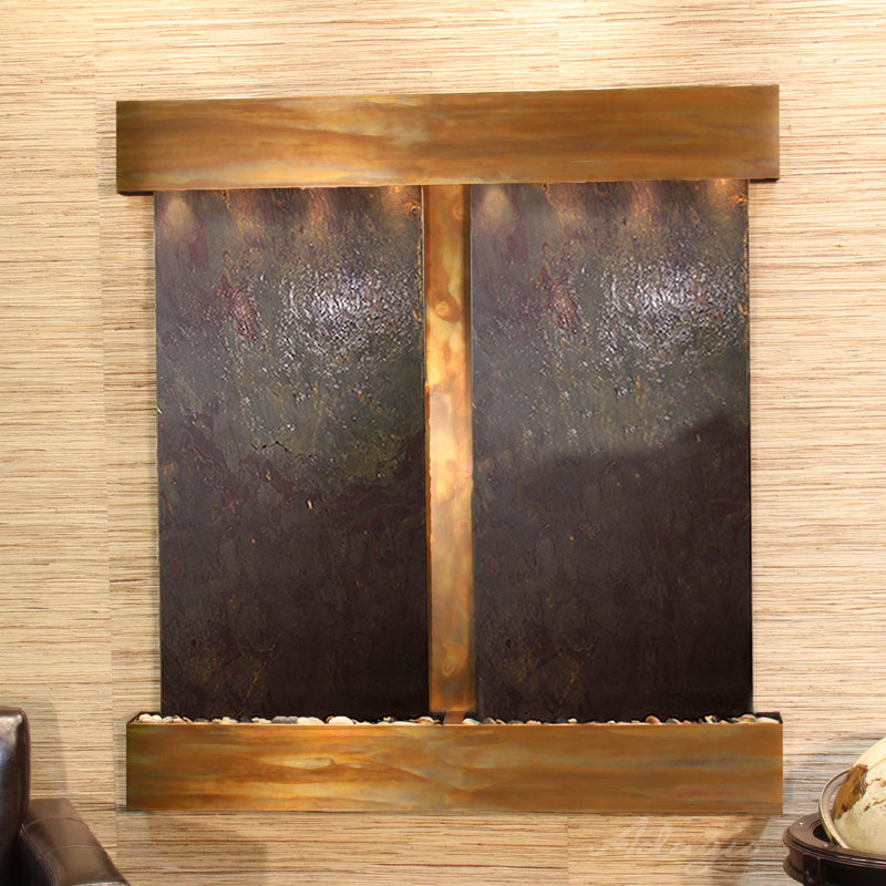 Aspen Falls Wall Fountain with Light, Rustic Copper, Multi-Color Feather