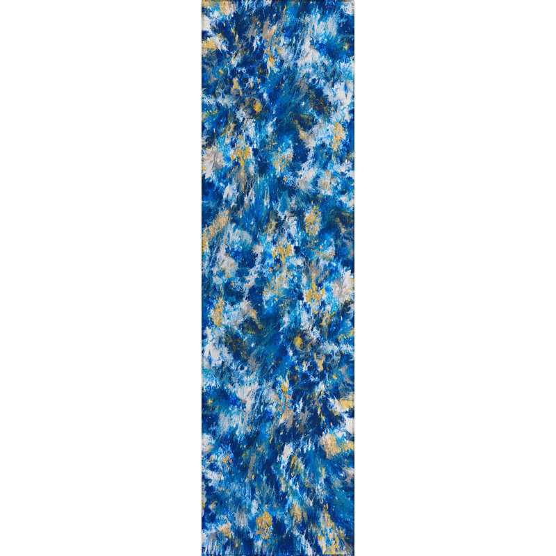 Tapis bleu abstrait tissé à la machine, Tapis de couloir 2 pi 3 po x 7 pi 6 po