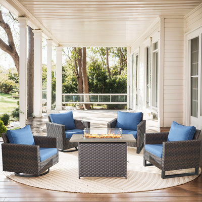 Naresa 5-Piece Outdoor Wicker Furniture Set With Swivel Glider Chairs & Fire Pit Table