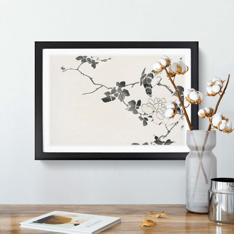 Robin Birds & White Lotus by Numata Kashu - Picture Frame Painting Print, 40cm H x 60cm W x 2cm D, Black