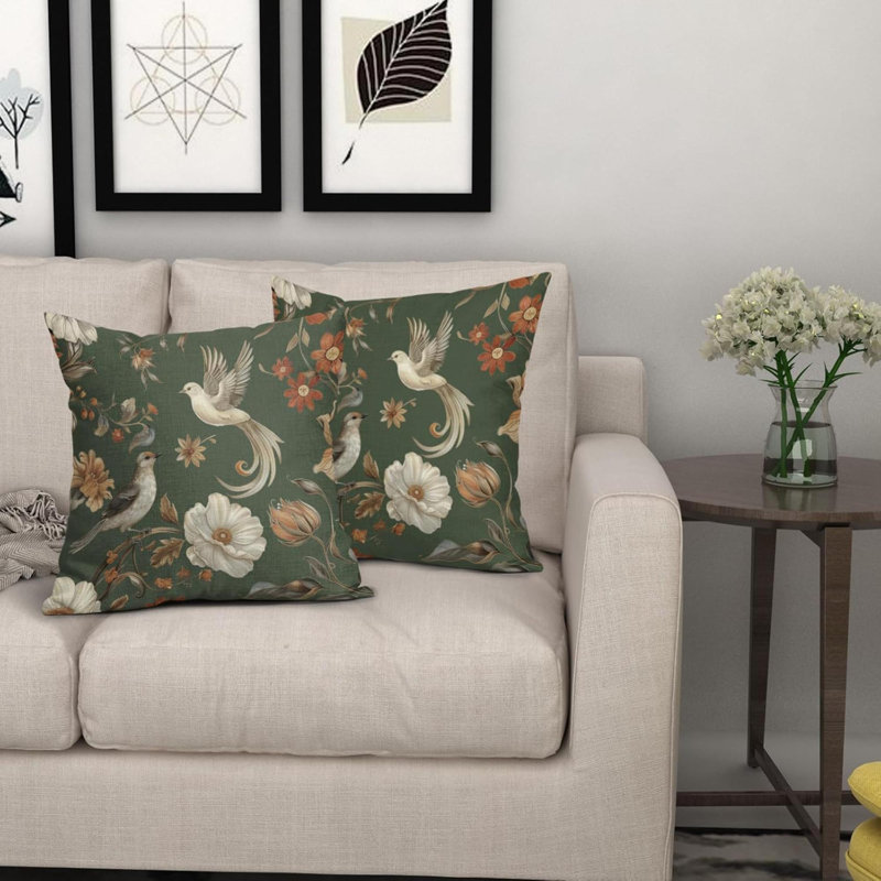 Ensemble de 2 housses de coussins décoratifs d'extérieur à motif de fleurs et d'oiseaux chinois rétro et rustiques, Vert