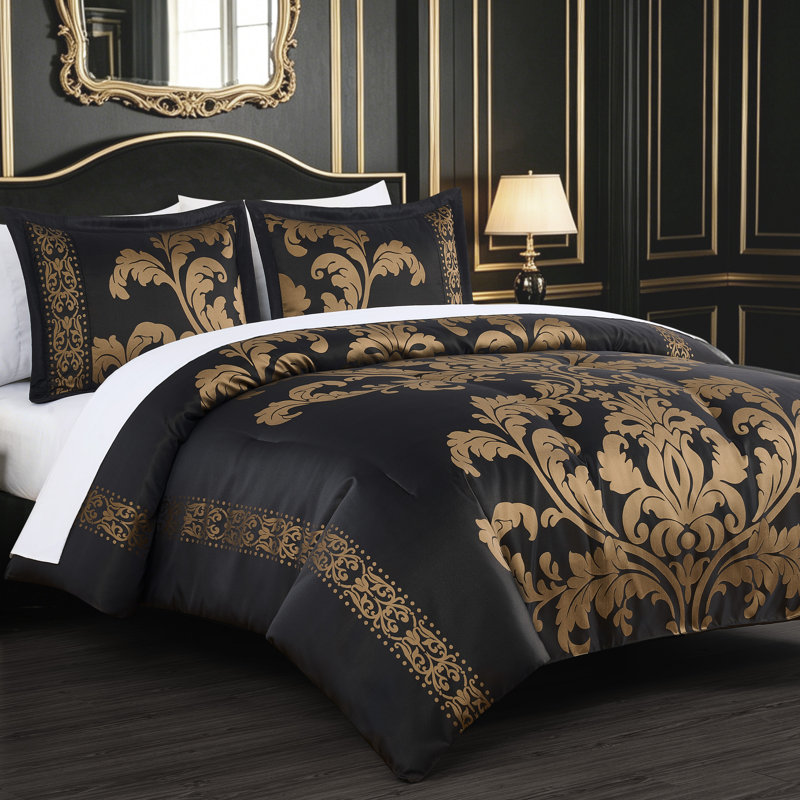 Valor 7-Piece Bed in a Bag Jacquard Floral Comforter Set with Sheets, Black/Gold, Queen Comforter + 6 Additional Pieces