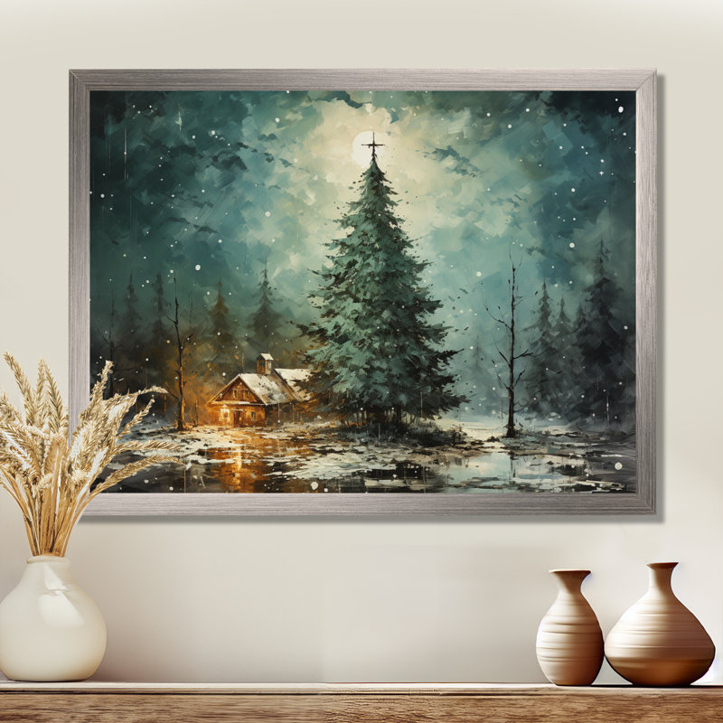 Minimalisme, arbre de Noël forêt I - pin, art mural pour salon, Cadre de coin fermé argenté, H 34 po x l 44 po x P 1,5 po
