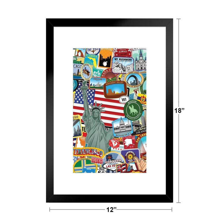 Americana Sticker Collage Travel Landmarks Sightseeing State Flag Patriotic Posters American Flag Poster of Flags for Wall Flags Poster US Matted Fram