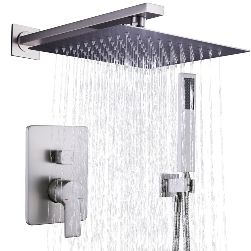 10" Square Shower Head Pressure Balanced Shower Faucet System With Handheld Spray, Brushed Nickel
