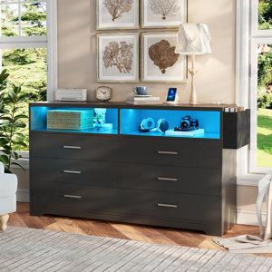 Ingetraud 6 - Drawer Dresser with Charging Station and LED Light, Modern Chest of Drawers Organizer