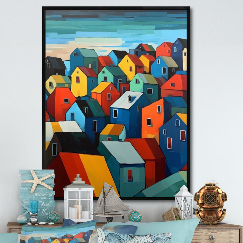 "Blue and Orange Cityscape Chronicles", reproduction d'art sur toile, H 44 po x l 34 po x P 1,5 po, Cadre flottant noir