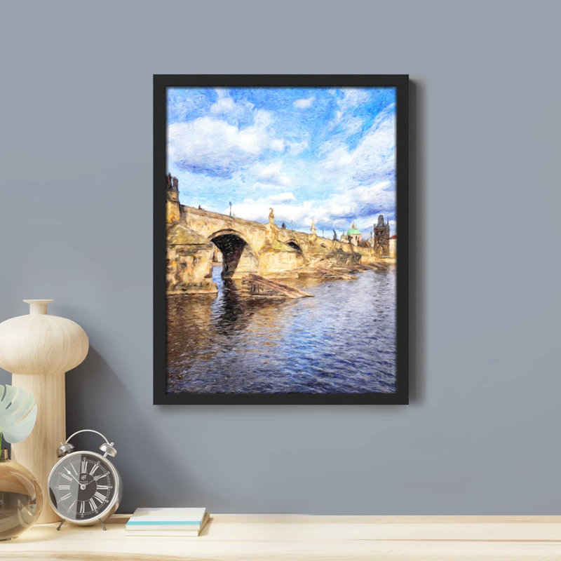 «Riverwalk Bridge Pastel Sky Ocean» sur papier, H 16 po x l 12 po, Noir