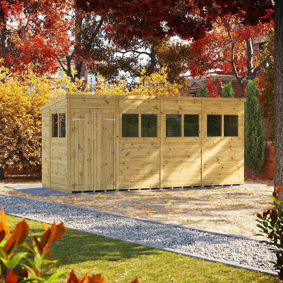 Powersheds 16 x 6ft Premium Pressure Treated Timber Pent Garden Shed, Double Doors