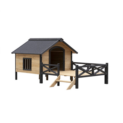 66.92" L x 43.3" W 32.67" H Metal & Wood Dog Kennel Yellow Brown Durable 1 Piece