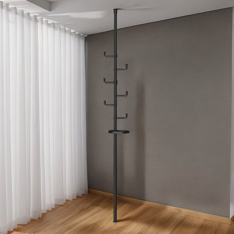 Adjustable Floor To Ceiling Tension Rod Drying Rack With Trays, Multi-Purpose Space-Saving Storage Organizer For Indoor And Balcony Use
